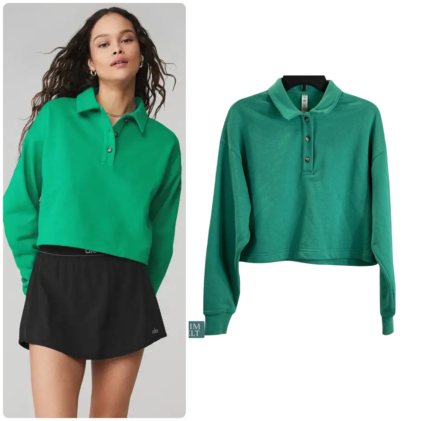 Alo Yoga Polo Henley Pullover Emerald Green Fleece Collared Sweatshirt Size Xs